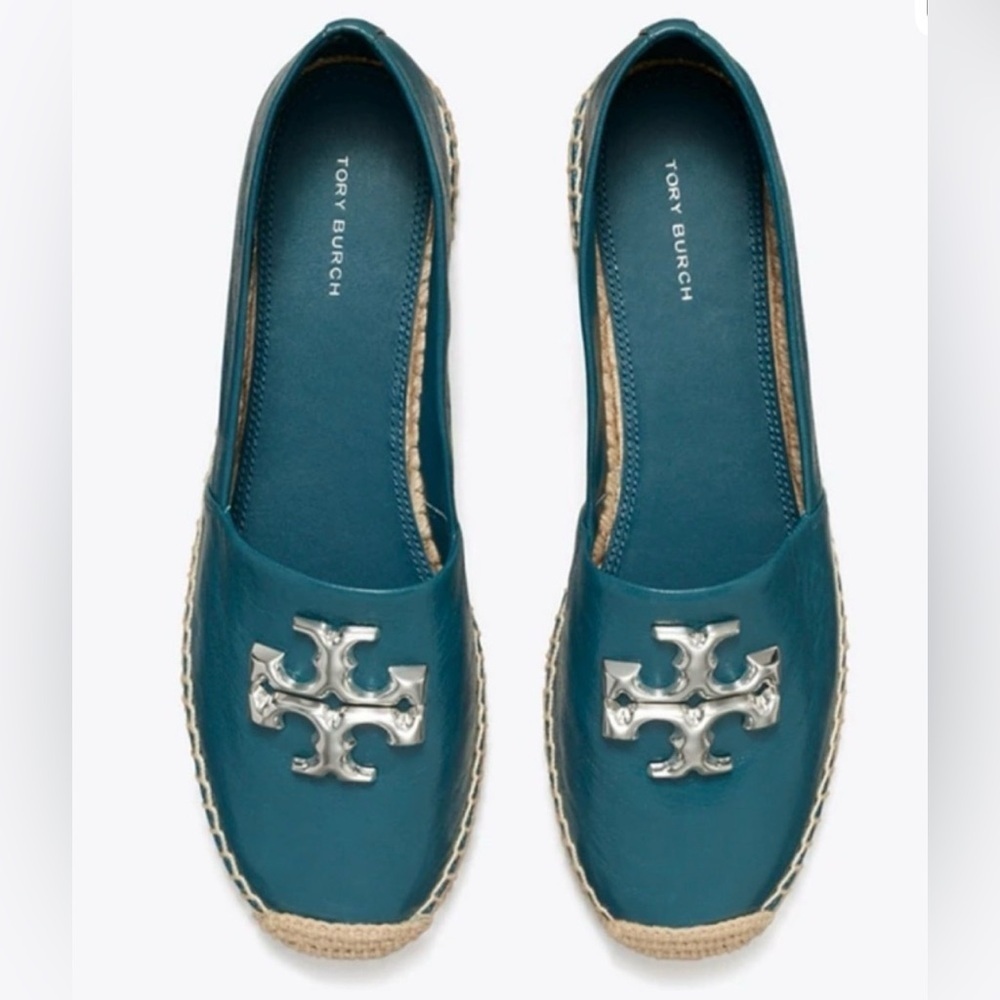 NWOT Tory Burch Teal Espadrilles with Silver Logo